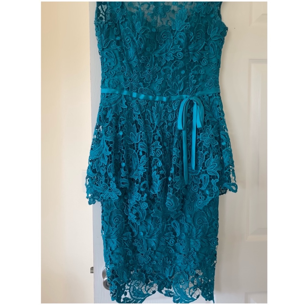 Jovani Couture Teal Peplum Lace midi